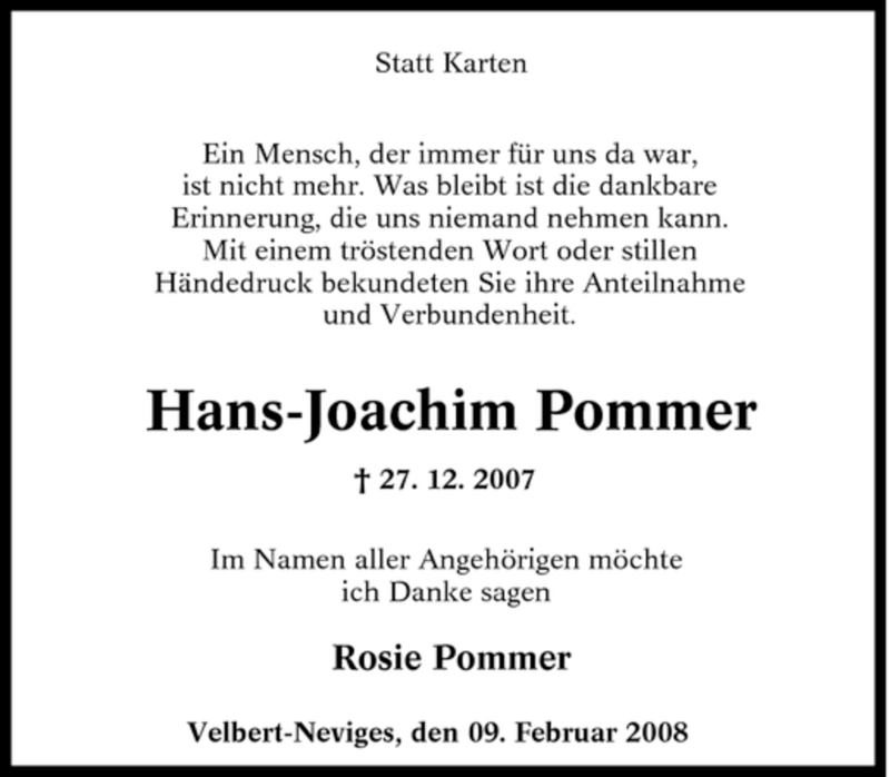 Traueranzeigen Von Hans Joachim Pommer Trauer In NRW De