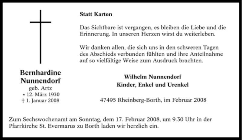 Traueranzeigen Von Bernhardine Nunnendorf Trauer In Nrw De