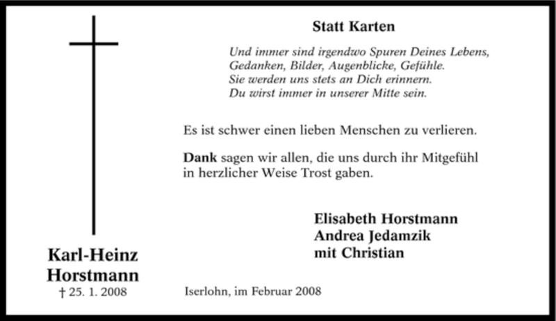 Traueranzeigen Von Karl Heinz Horstmann Trauer In Nrw De