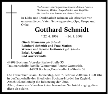 Traueranzeigen Von Gotthard Schmidt Trauer In Nrw De