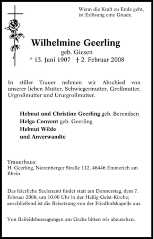 Traueranzeigen Von Wilhelmine Geerling Trauer In Nrw De