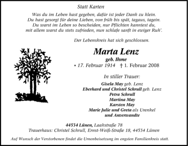 Traueranzeigen Von Marta Lenz Trauer In NRW De