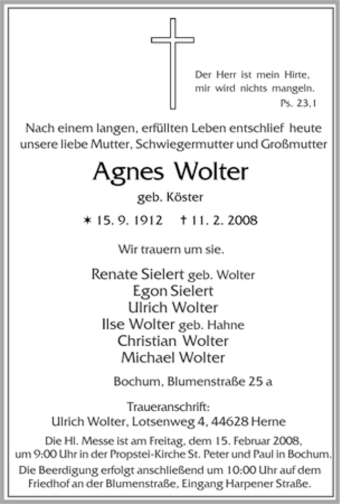 Traueranzeigen Von Agnes Wolter Trauer In Nrw De