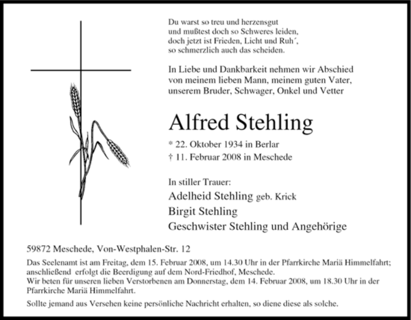 Traueranzeigen Von Alfred Stehling Trauer In Nrw De