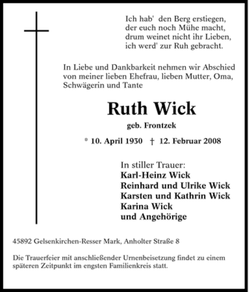 Traueranzeigen Von Ruth Wick Trauer In Nrw De