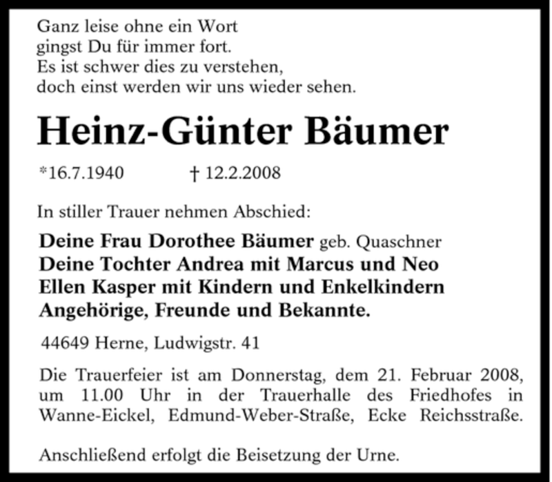 Traueranzeigen Von Heinz G Nter B Umer Trauer In Nrw De