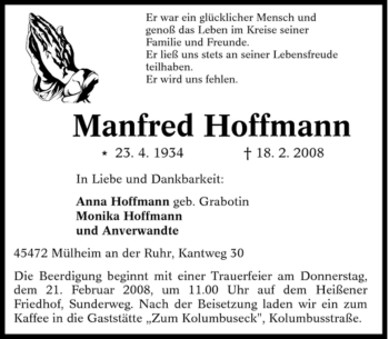 Traueranzeigen Von Manfred Hoffmann Trauer In Nrw De