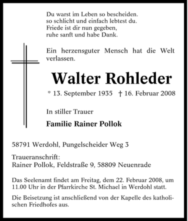 Traueranzeigen Von Walter Rohleder Trauer In NRW De