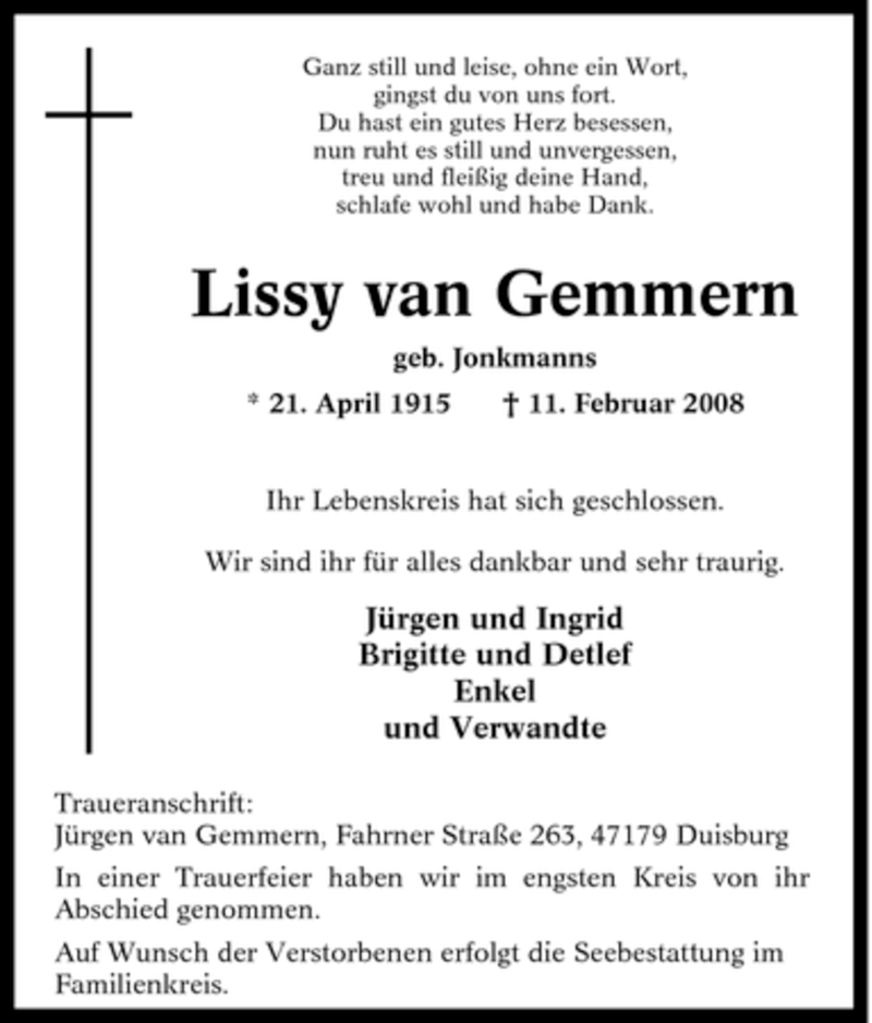 Traueranzeigen Von Lissy Van Gemmern Trauer In NRW De