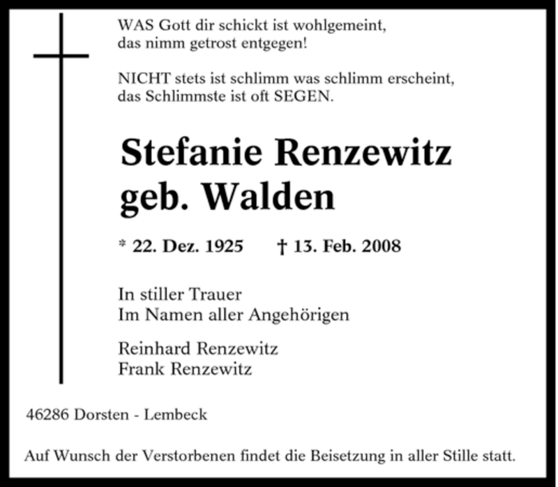 Traueranzeigen Von Stefanie Renzewitz Trauer In Nrw De