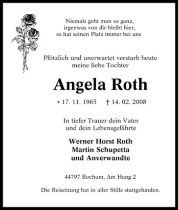 Traueranzeigen Von Angela Roth Trauer In NRW De