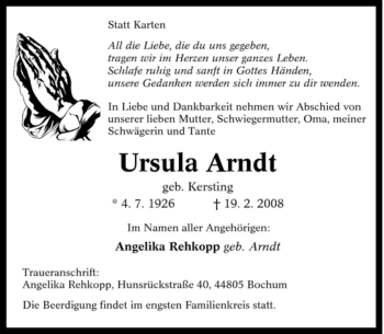 Traueranzeigen Von Ursula Arndt Trauer In NRW De