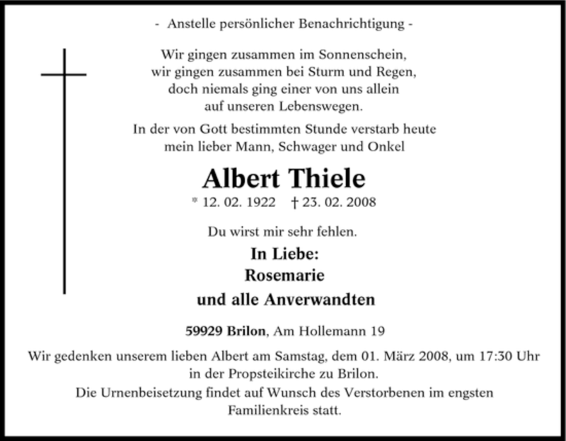 Traueranzeigen Von Albert Thiele Trauer In Nrw De