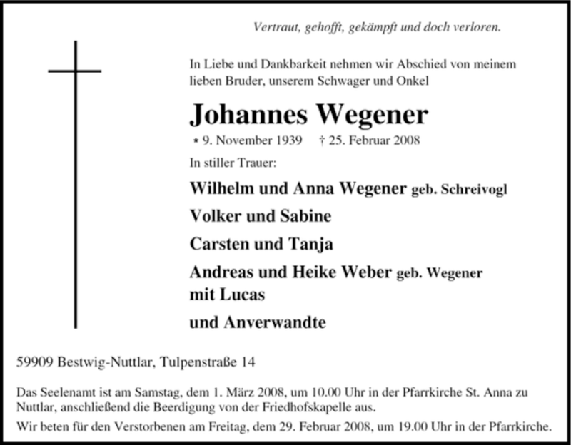 Traueranzeigen Von Johannes Wegener Trauer In Nrw De