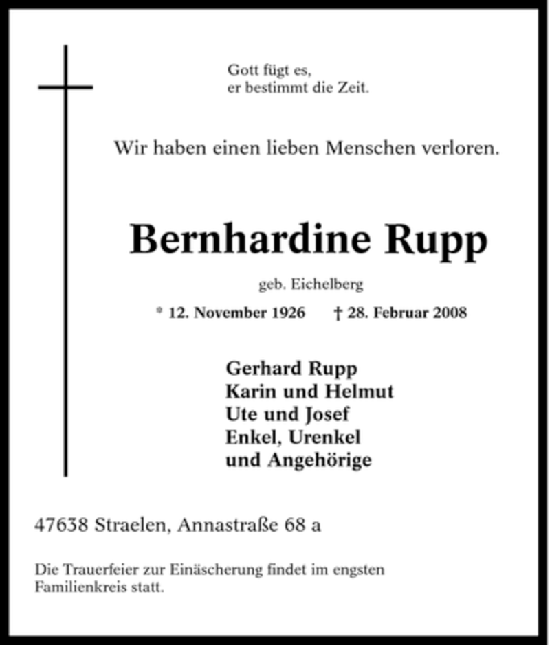 Traueranzeigen Von Bernhardine Rupp Trauer In NRW De