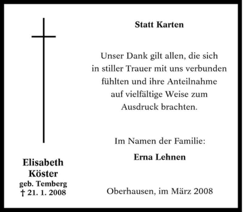 Traueranzeigen von Elisabeth Köster Trauer in NRW de