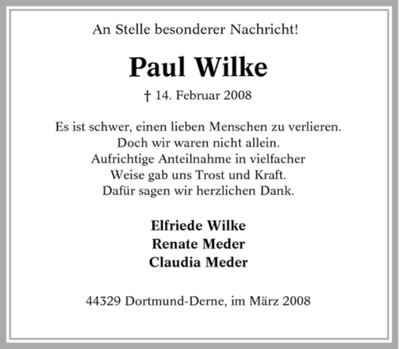 Traueranzeigen Von Paul Wilke Trauer In NRW De