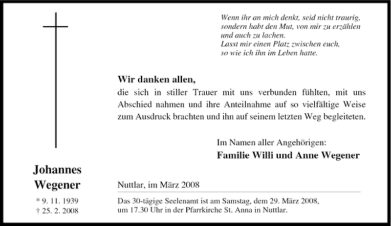 Traueranzeigen Von Johannes Wegener Trauer In NRW De