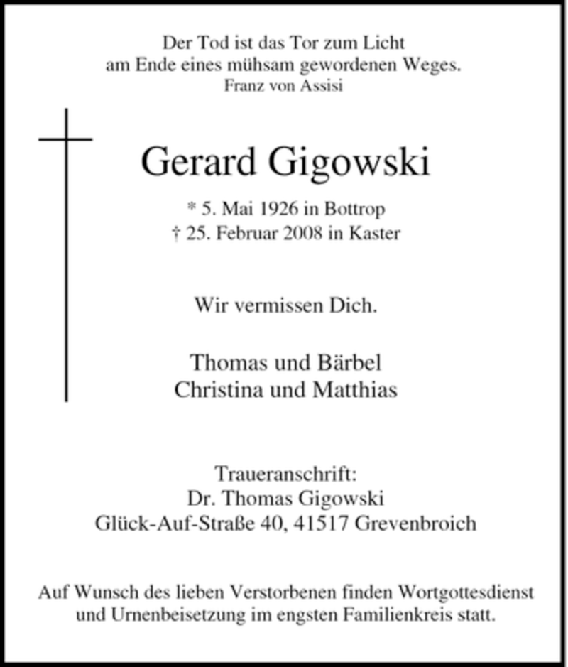 Traueranzeigen Von Gerard Gigowski Trauer In Nrw De