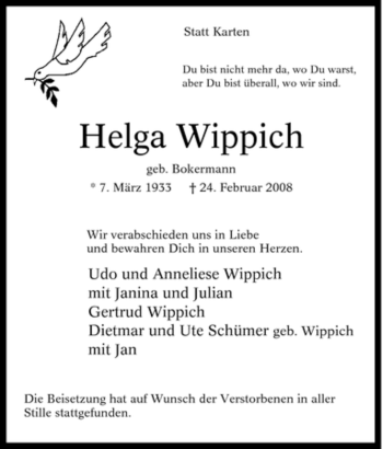 Traueranzeigen Von Helga Wippich Trauer In Nrw De