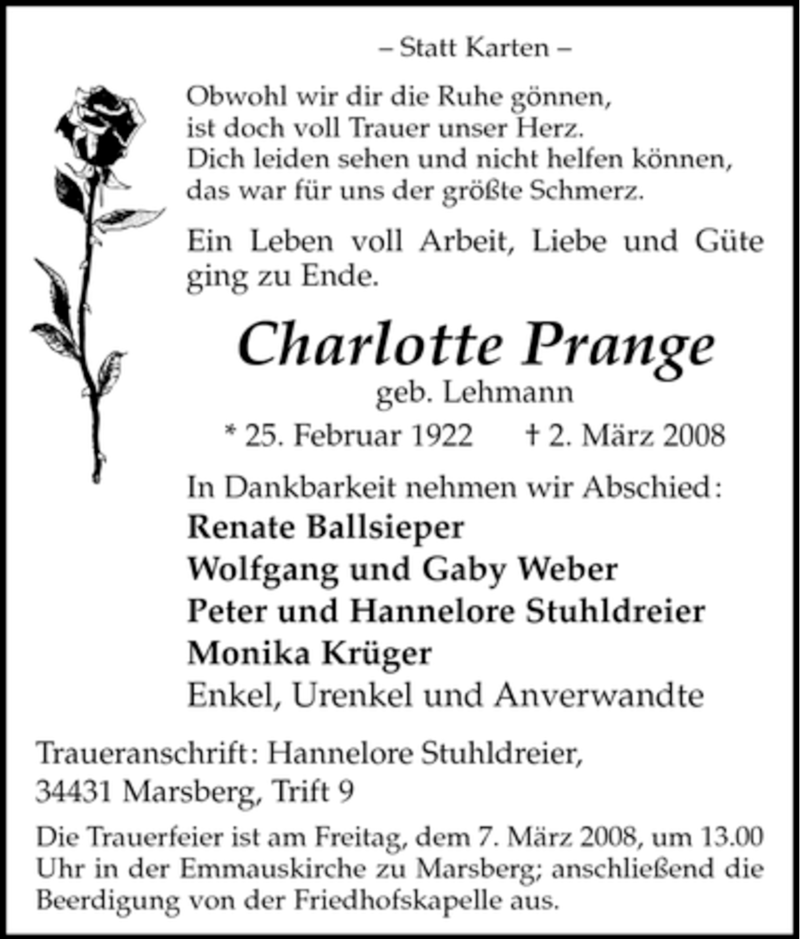 Traueranzeigen Von Charlotte Prange Trauer In Nrw De