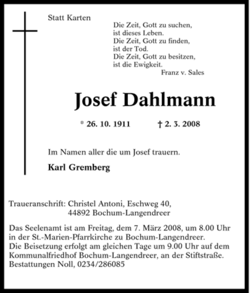 Traueranzeigen Von Josef Dahlmann Trauer In Nrw De