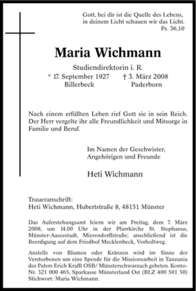 Traueranzeigen Von Maria Wichmann Trauer In Nrw De