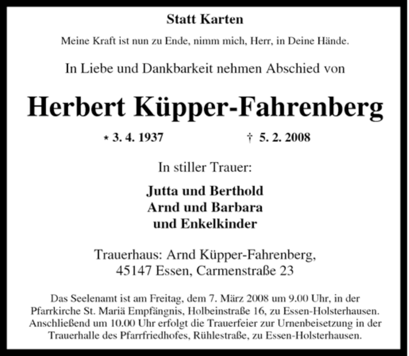 Traueranzeigen Von Herbert K Pper Fahrenberg Trauer In Nrw De