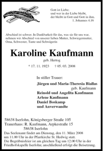 Traueranzeigen Von Karoline Kaufmann Trauer In NRW De