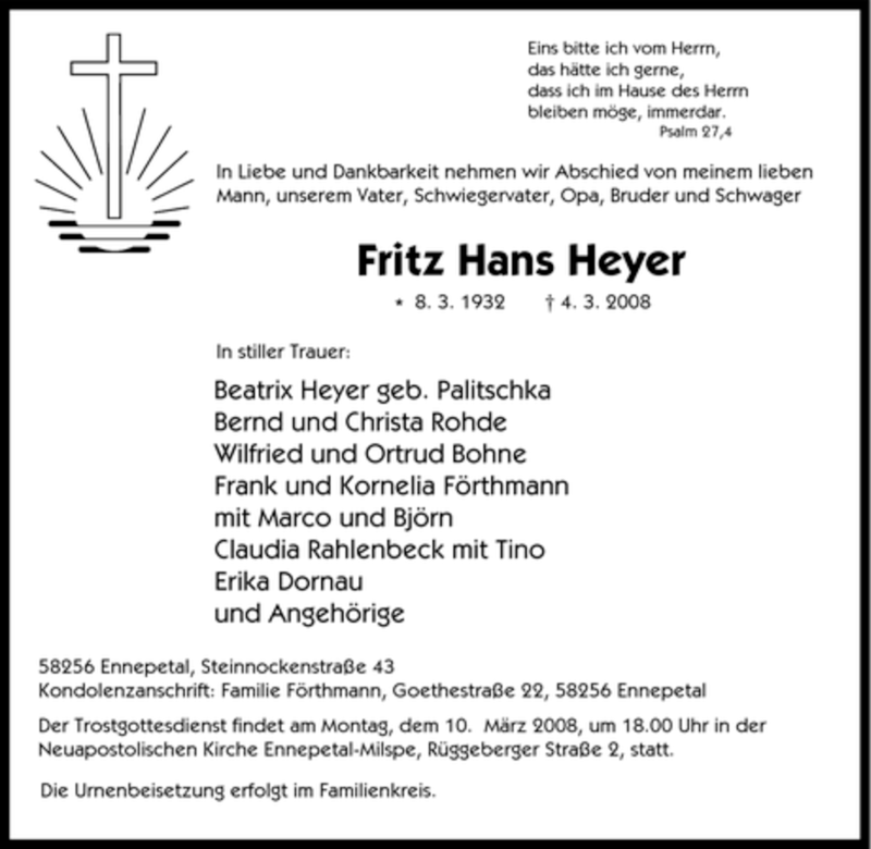 Traueranzeigen Von Fritz Hans Heyer Trauer In Nrw De