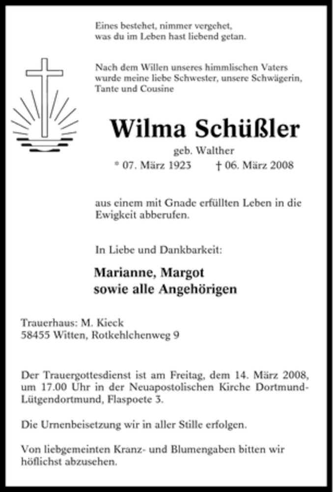 Traueranzeigen von Wilma Schüßler Trauer in NRW de