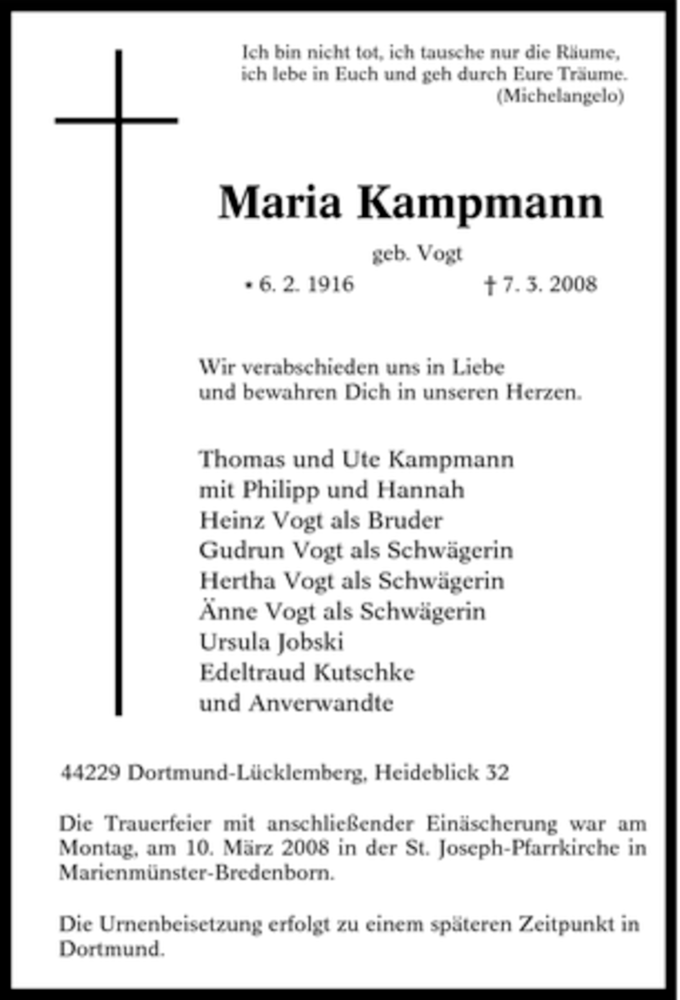 Traueranzeigen Von Maria Kampmann Trauer In NRW De