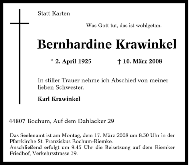 Traueranzeigen Von Bernhardine Krawinkel Trauer In Nrw De