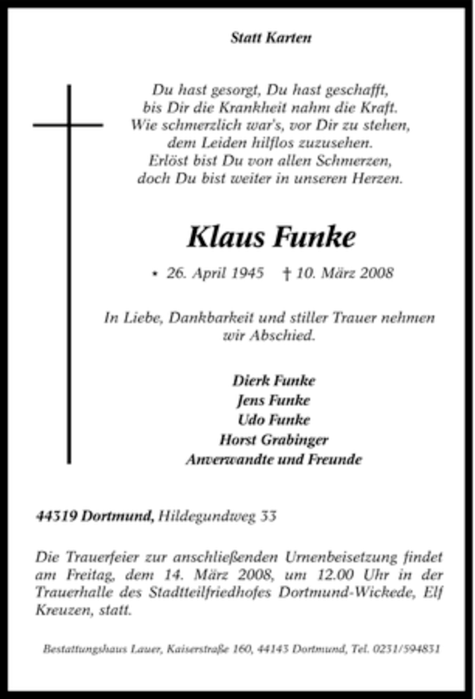 Traueranzeigen Von Klaus Funke Trauer In Nrw De