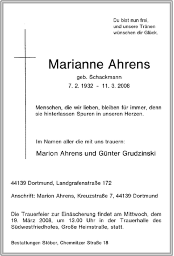 Traueranzeigen Von Marianne Ahrens Trauer In NRW De