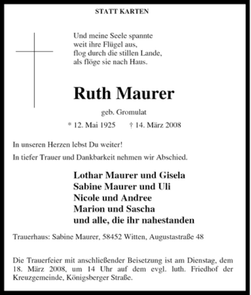 Traueranzeigen Von Ruth Maurer Trauer In NRW De