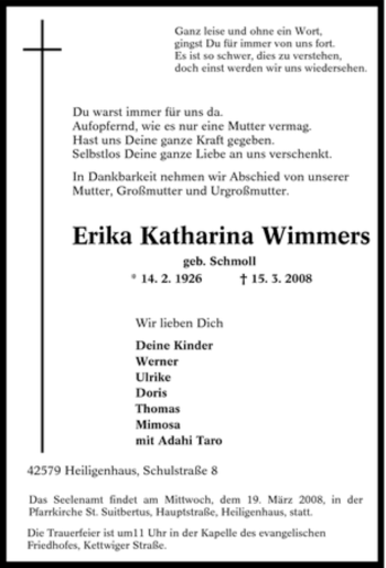 Traueranzeigen Von Erika Katharina Wimmers Trauer In Nrw De