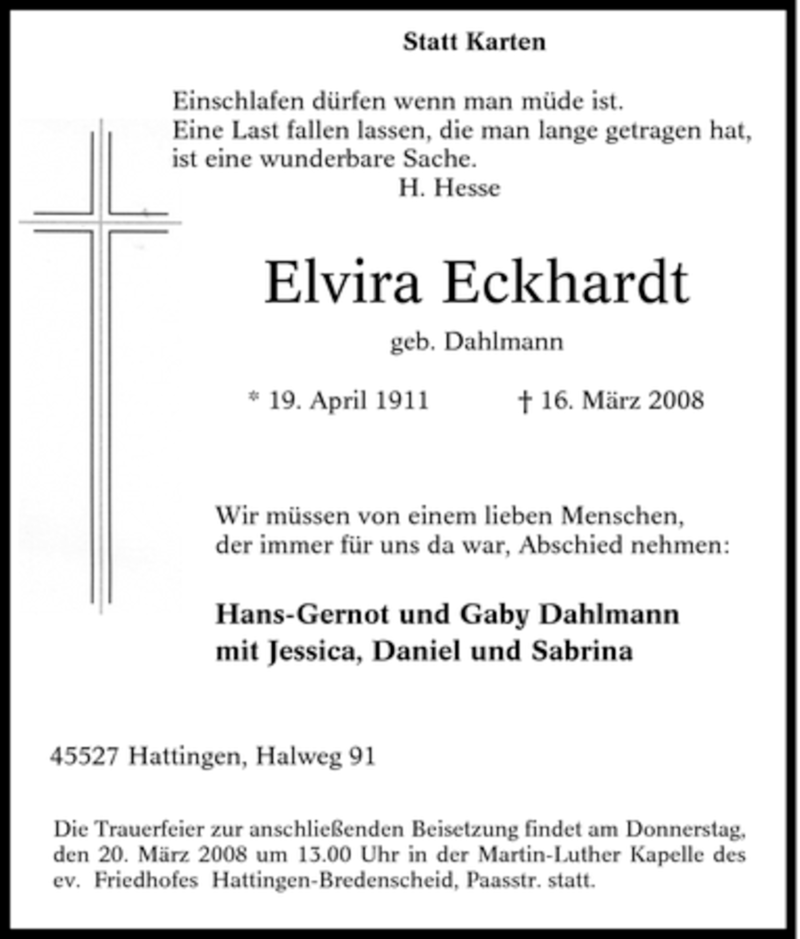 Traueranzeigen Von Elvira Eckhardt Trauer In Nrw De