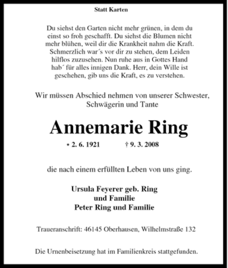 Traueranzeigen Von Annemarie Ring Trauer In Nrw De