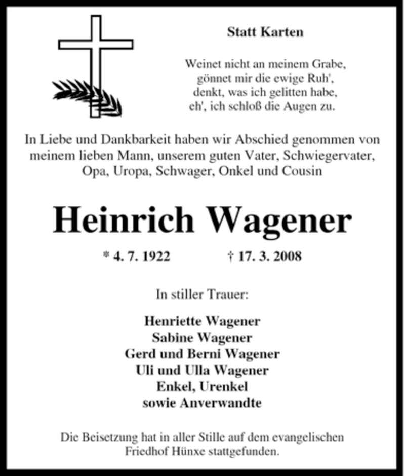 Traueranzeigen Von Heinrich Wagener Trauer In Nrw De