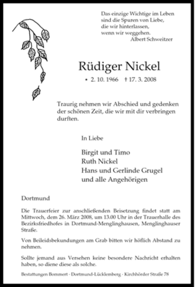 Traueranzeigen von Rüdiger Nickel Trauer in NRW de