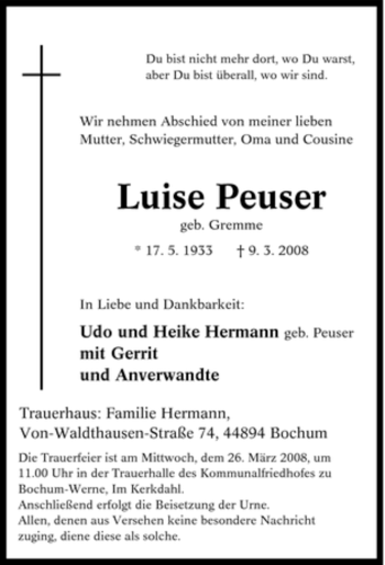 Traueranzeigen Von Luise Peuser Trauer In Nrw De