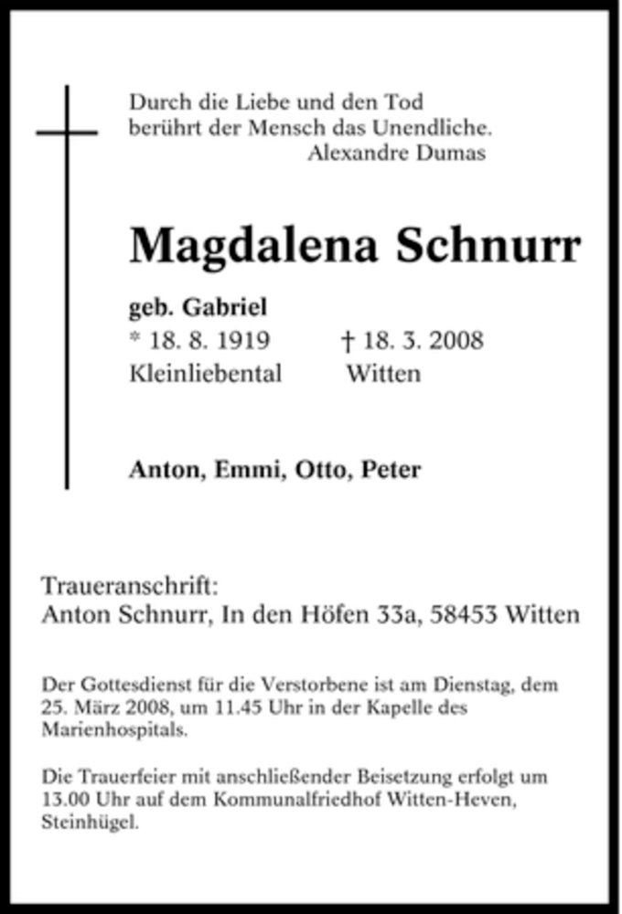 Traueranzeigen Von Magdalena Schnurr Trauer In Nrw De