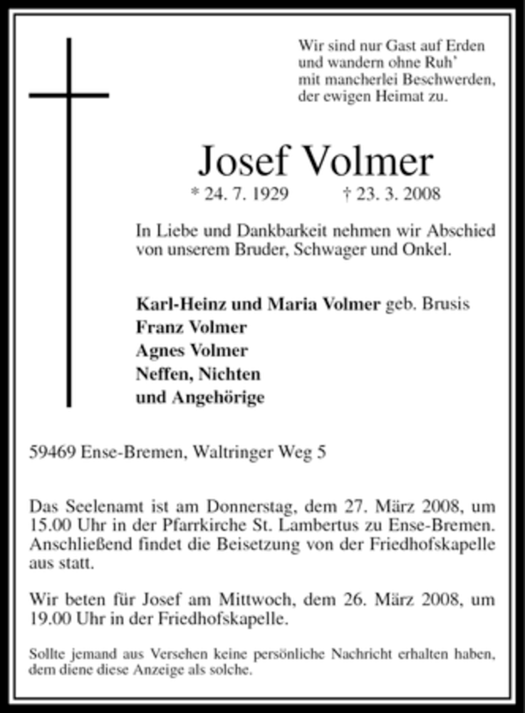 Traueranzeigen Von Josef Volmer Trauer In Nrw De