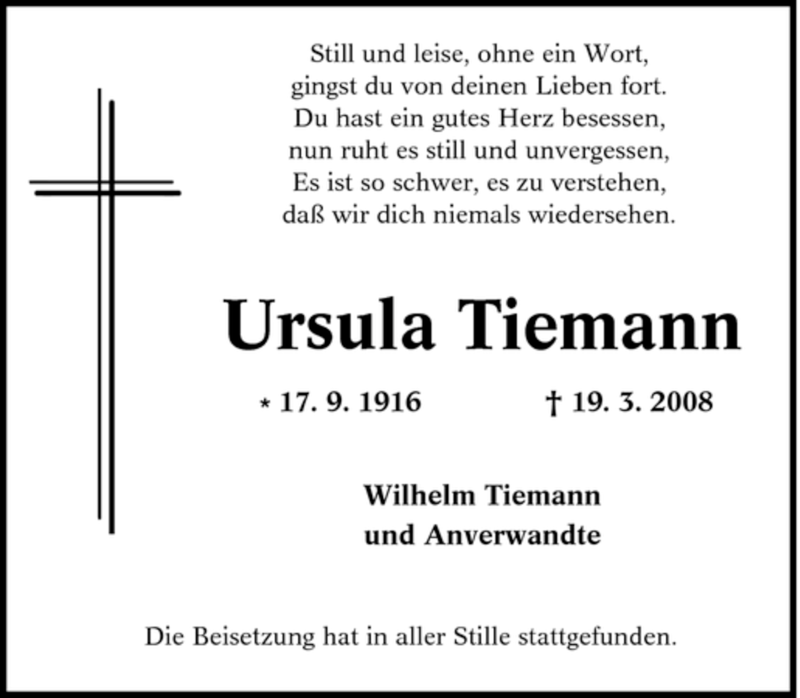 Traueranzeigen Von Ursula Tiemann Trauer In Nrw De