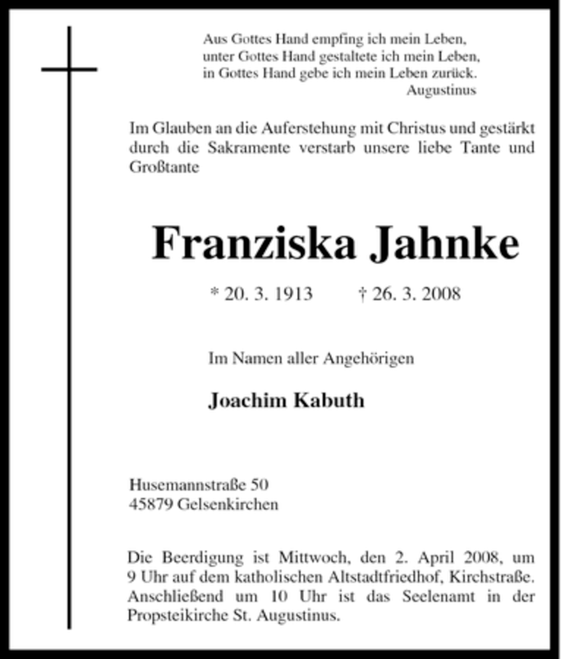 Traueranzeigen Von Franziska Jahnke Trauer In Nrw De