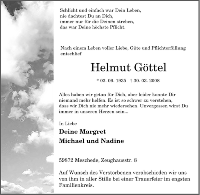 Traueranzeigen von Helmut Göttel Trauer in NRW de