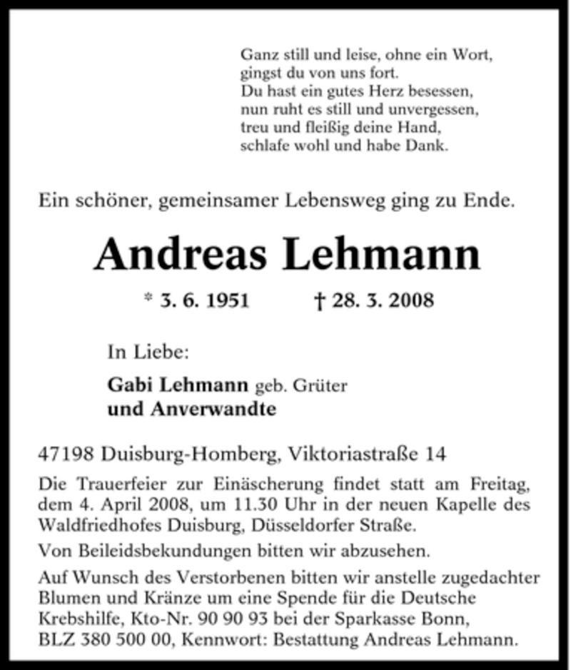 Traueranzeigen Von Andreas Lehmann Trauer In Nrw De