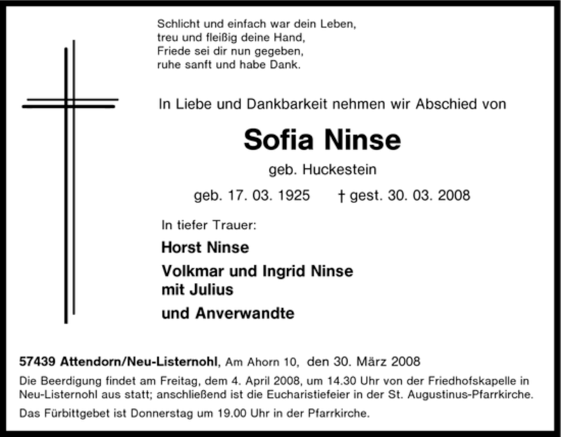 Traueranzeigen Von Sofia Ninse Trauer In Nrw De