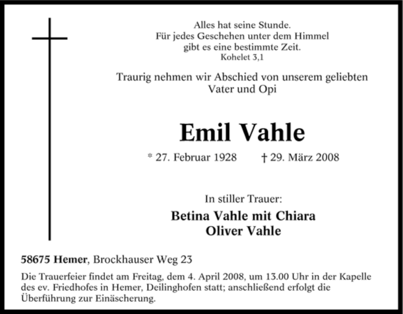 Traueranzeigen Von Emil Vahle Trauer In NRW De